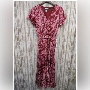 Nicole Miller Pink Floral Satin Ruffle Flutter Sleeve Wrap Maxi Dress Small NWT